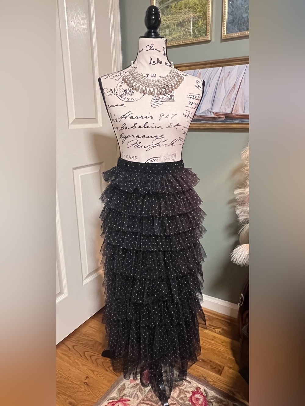 Coquette Romantic Feminine Tiered Polka Dot Ruffle Maxi Skirt Size M